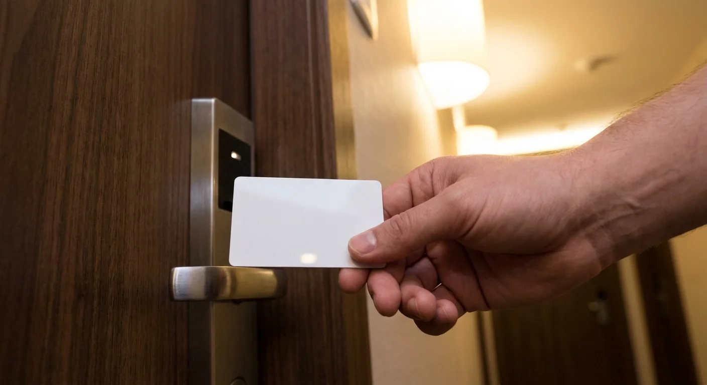 NXP MIFARE contactloze sleutelkaart met RFID-signaalgolven die hoteldeursslot aanraakt