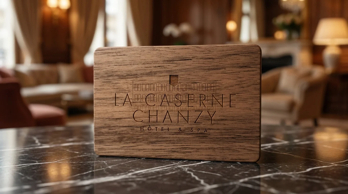 La Caserne Chanzy houten sleutelkaart met lasergeëtste hotelbranding op donker marmer in boutiquehotellobby