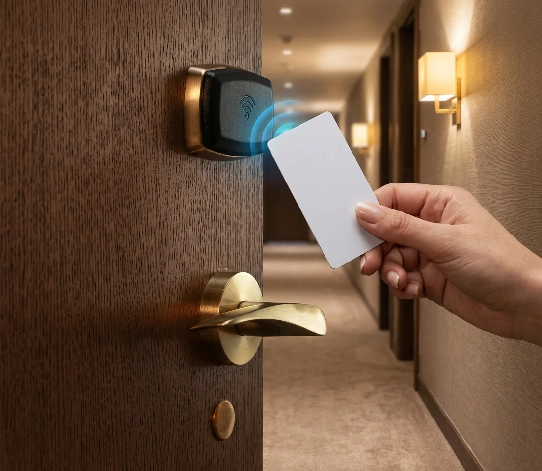 Hand met MIFARE Ultralight C sleutelkaart die een luxe hoteldeurslot nadert met blauw RFID-signaal