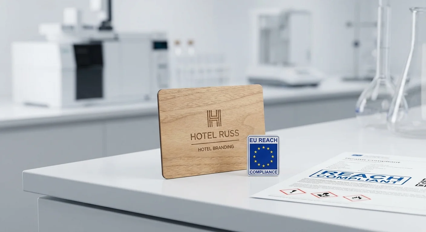Houten hotelsleutelkaart met EU REACH-nalevingscertificering in kwaliteitszekerheidslaboratorium