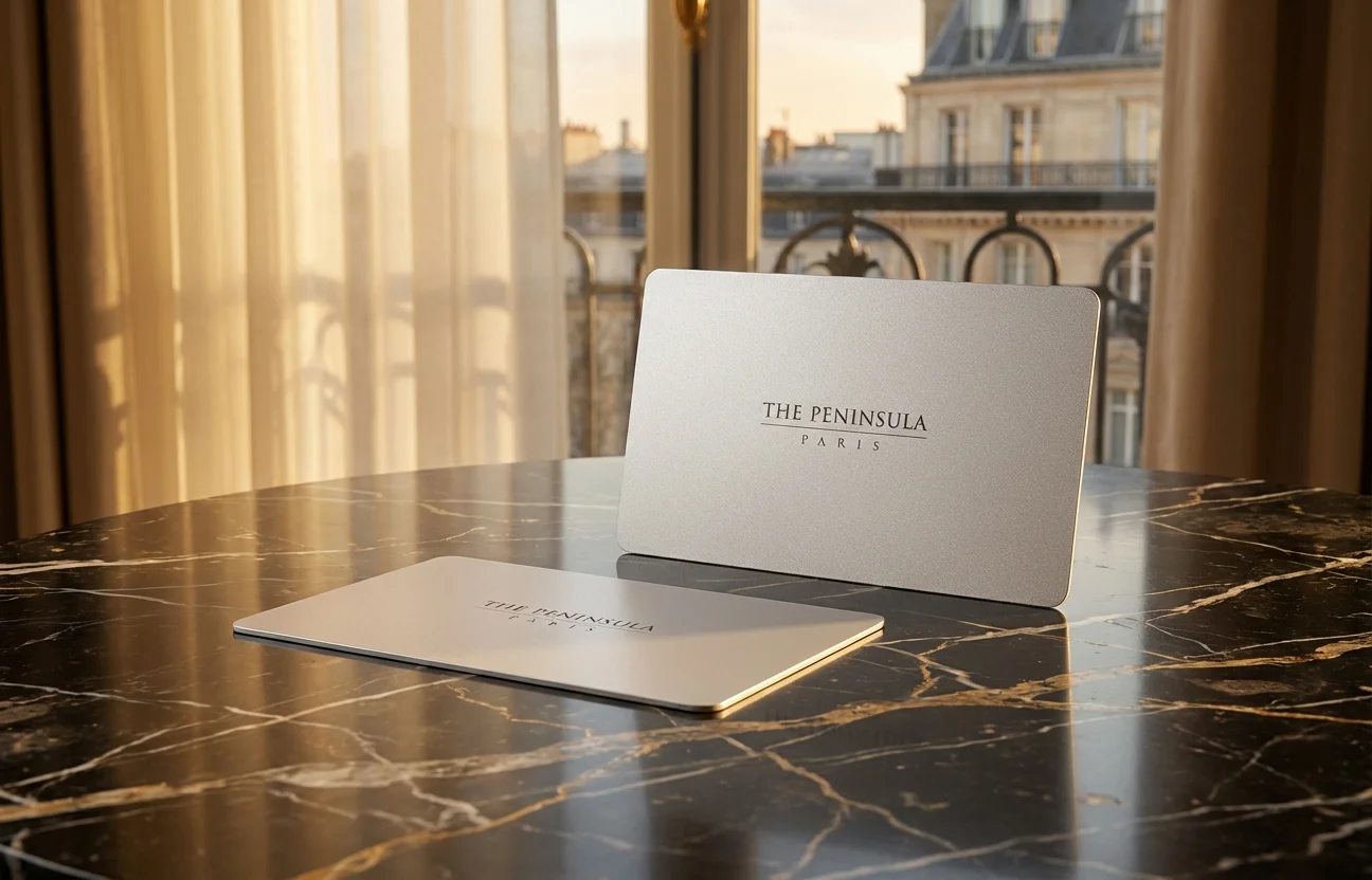 The Peninsula Paris zilveren sleutelkaarten op donker marmer in luxe Parijse hotelsuite bij gouden uur