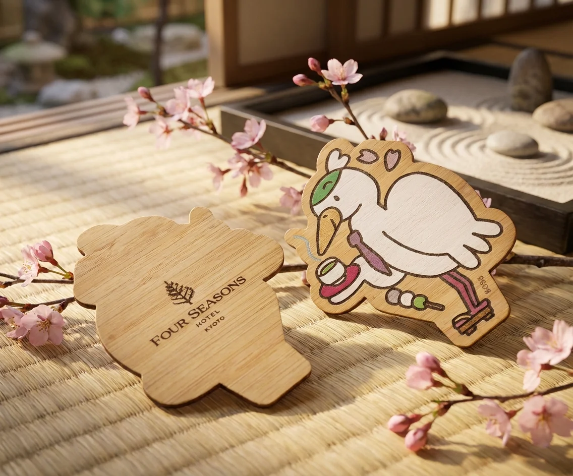 Four Seasons Hotel Kyoto uitgestanste bamboevogel kinderssleutelkaarten op tatami met kersenbloesems en zen-tuin