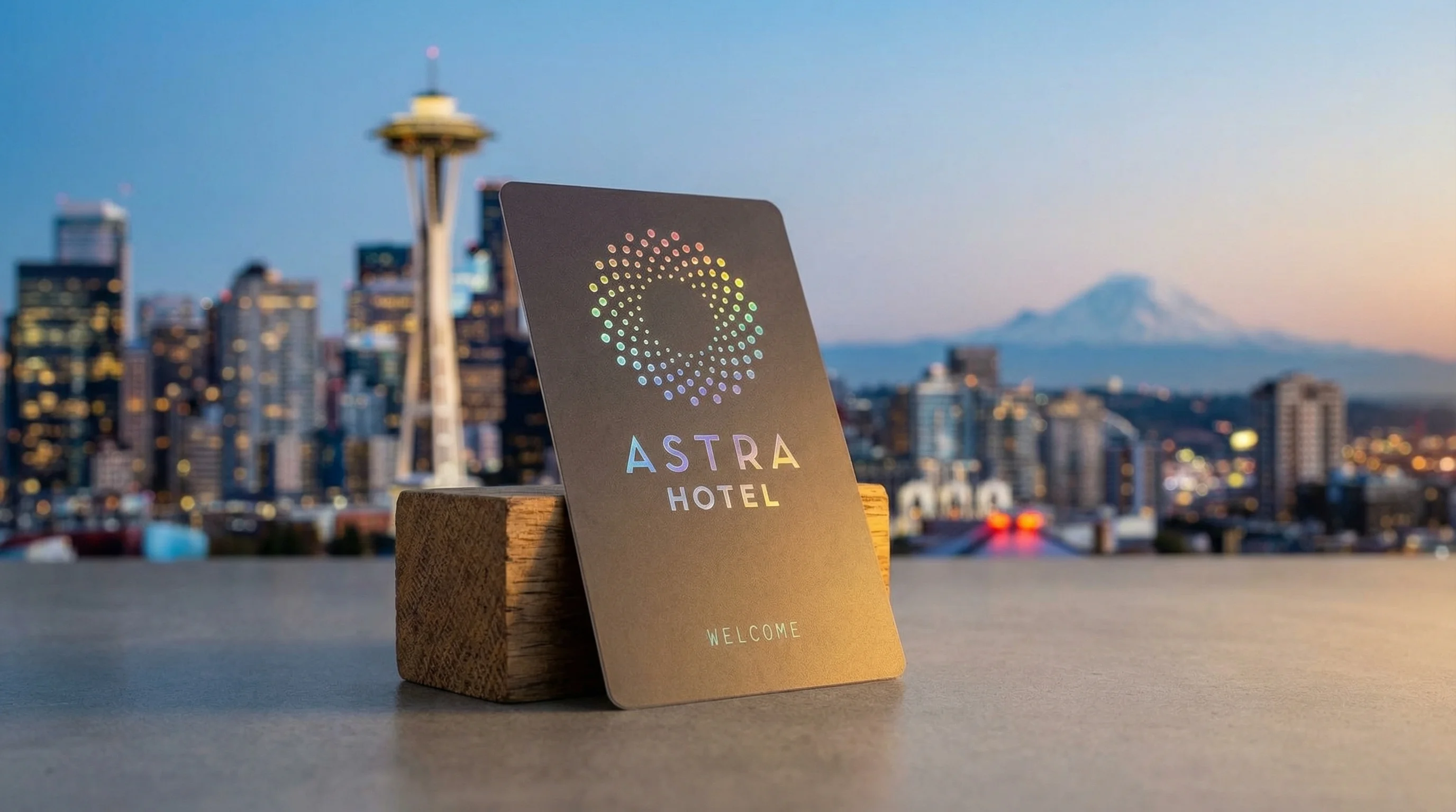 Astra Hotel Seattle recycled PVC key card with rainbow holographic hot foil stamping