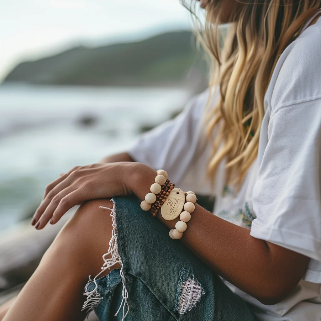 Guest wearing an actual SHA Wellness Clinic bead-and-wood RFID bracelet