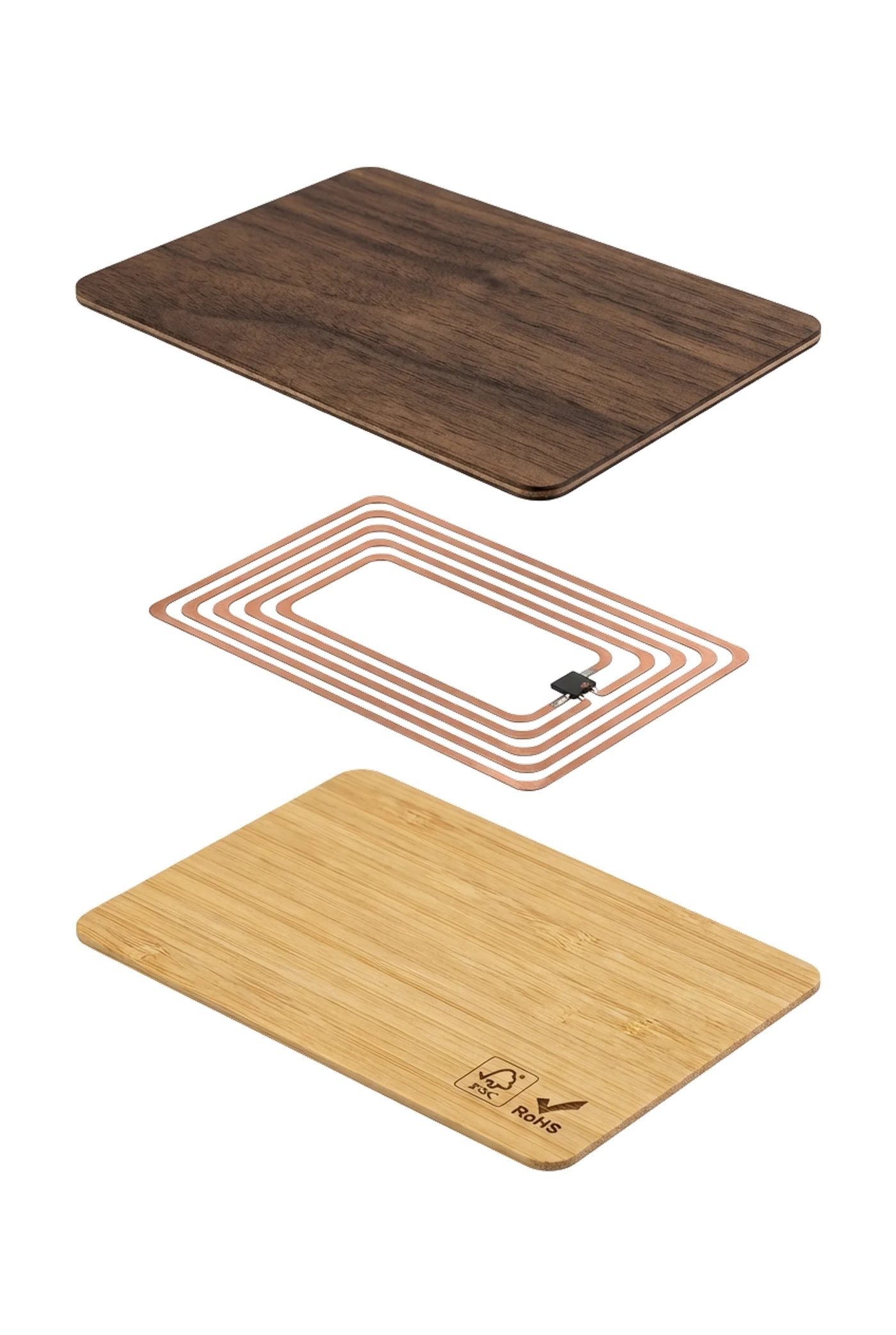 Ceviz kaplama, bakır RFID anten bobini ve bambu kaplama katmanlarını gösteren ahşap RFID otel kapı kartının açılmış görünümü