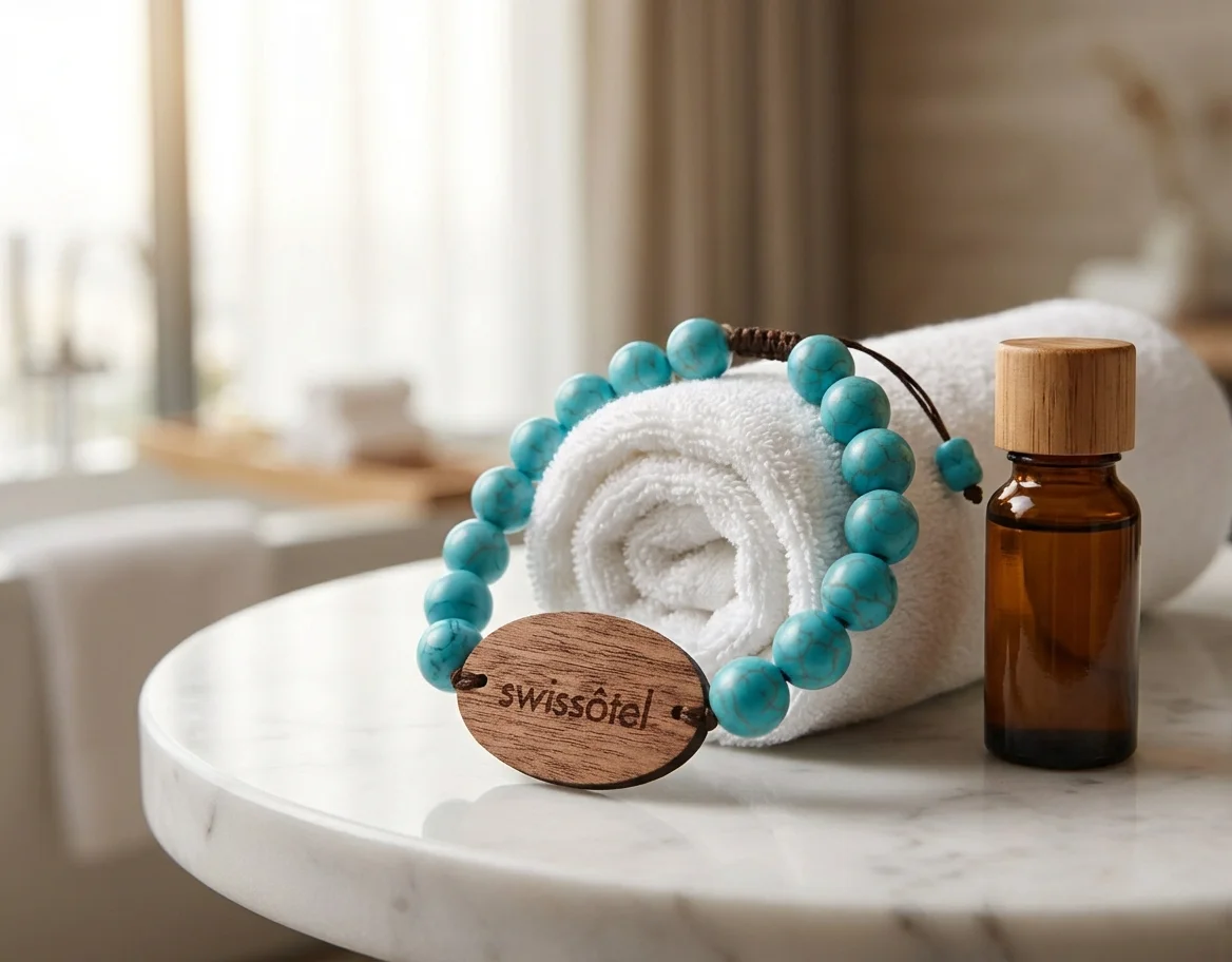 Swissotel turquoise stenen kralen RFID-polsband met walnoot houten medaillon in luxe spa-omgeving