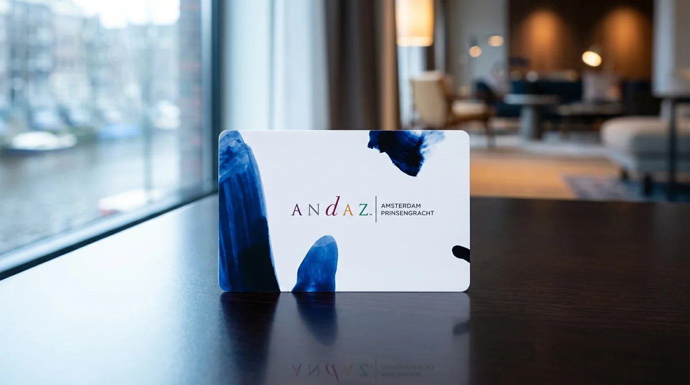 Andaz Amsterdam PPH Bio sleutelkaart met blauw aquarelontwerp bij een grachtraam