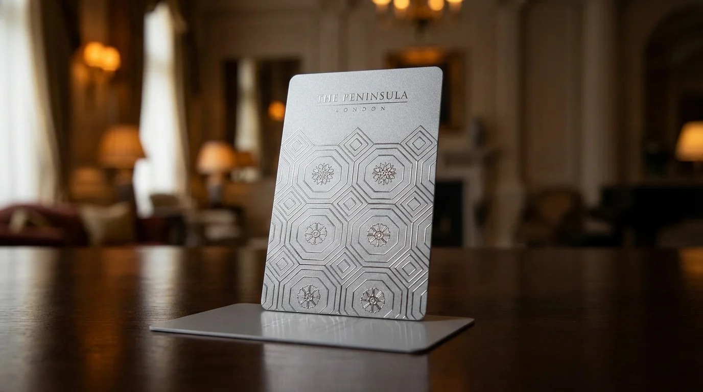 The Peninsula London zilveren sleutelkaart met verhoogd inkt hexagonaal patroon in weelderige hotellobby