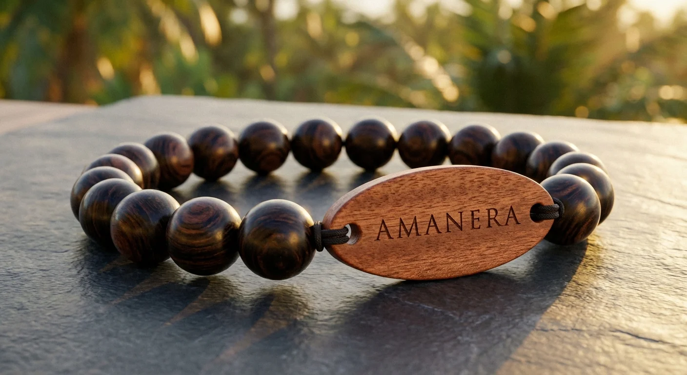 Amanera Black Rosewood bead wristband close-up showing polished beads and laser engraved oval RFID tag