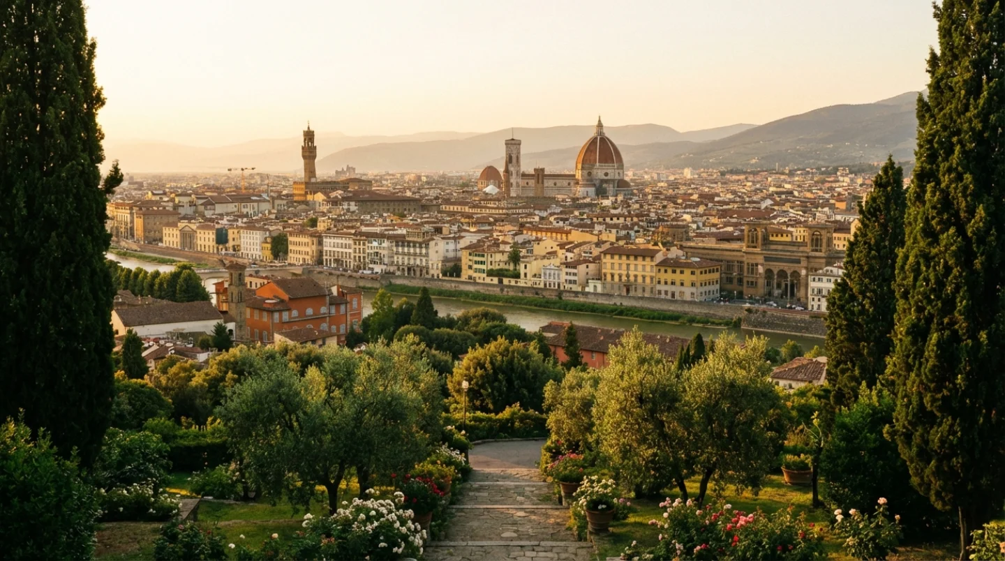 Verbluffend gouden-uur panorama van Florence met de iconische koepel van de Duomo