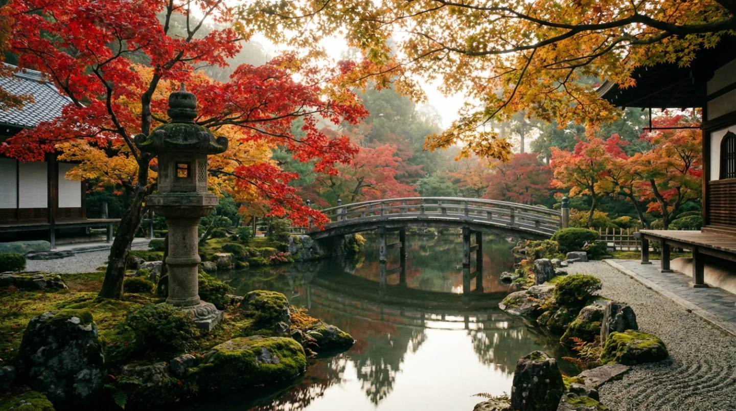 Serene Japanse tuin in Kyoto met levendige herfst esdoornbladeren
