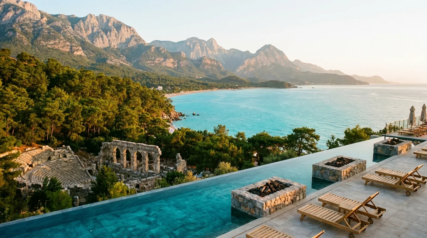 Panoramisch uitzicht op de Turkse Rivièra bij Antalya met het Middellandse Zeewater en de bergen