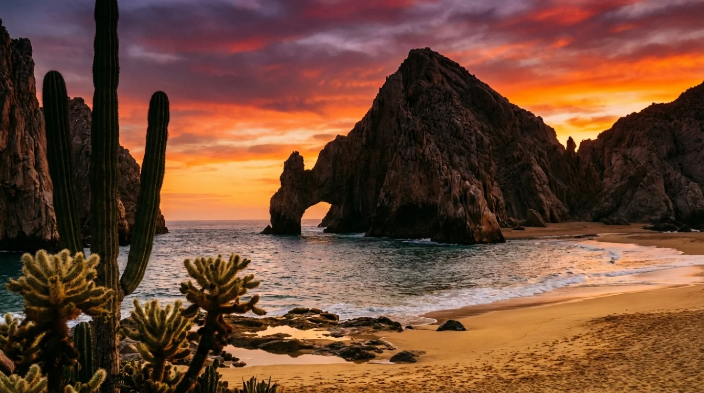 Dramatische zonsondergang boven de Zee van Cortez in Los Cabos met El Arco rotsformatie