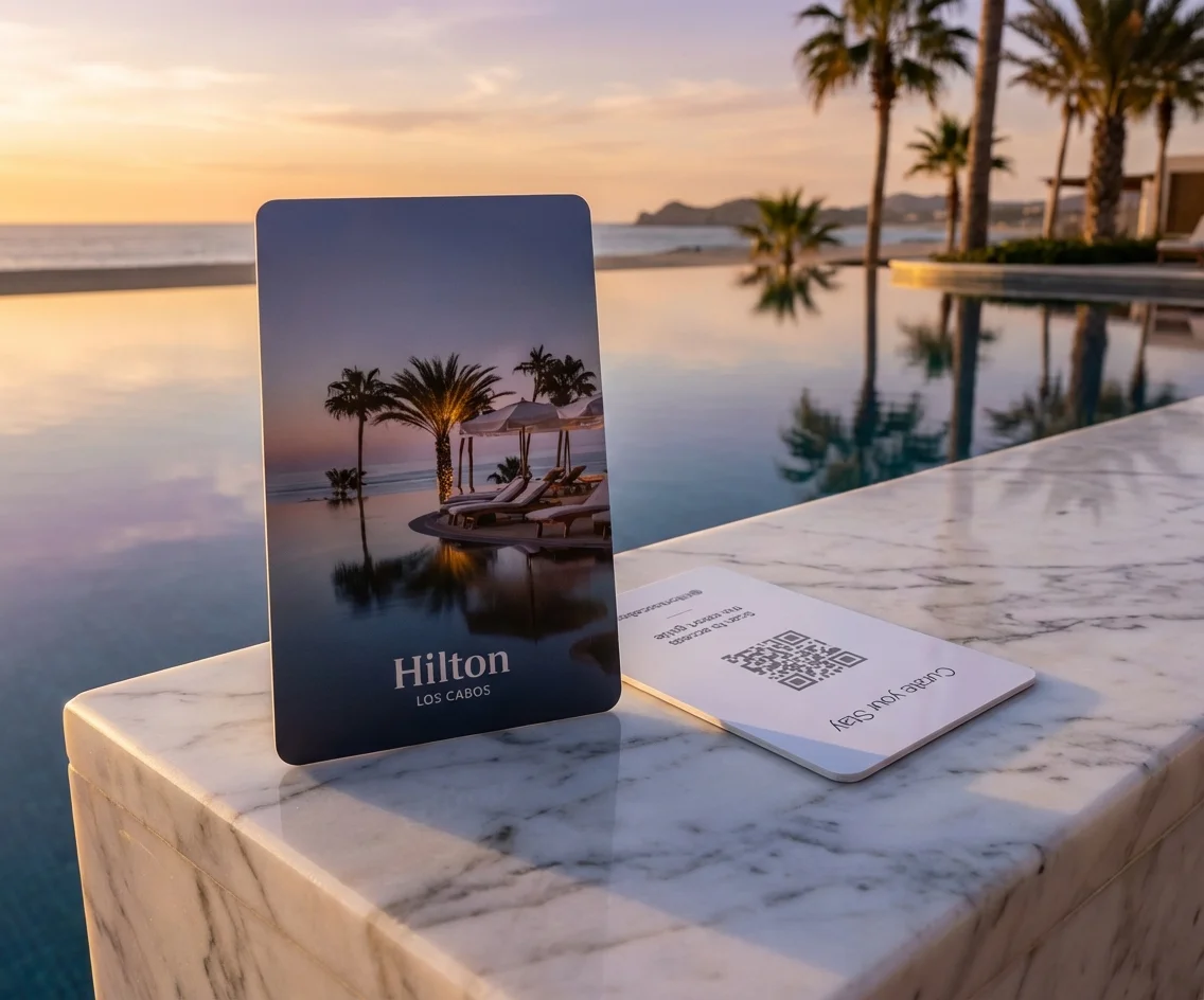 Hilton Los Cabos gerecyclede PVC sleutelkaarten op wit marmer naast resort-overloopzwembad bij gouden uur