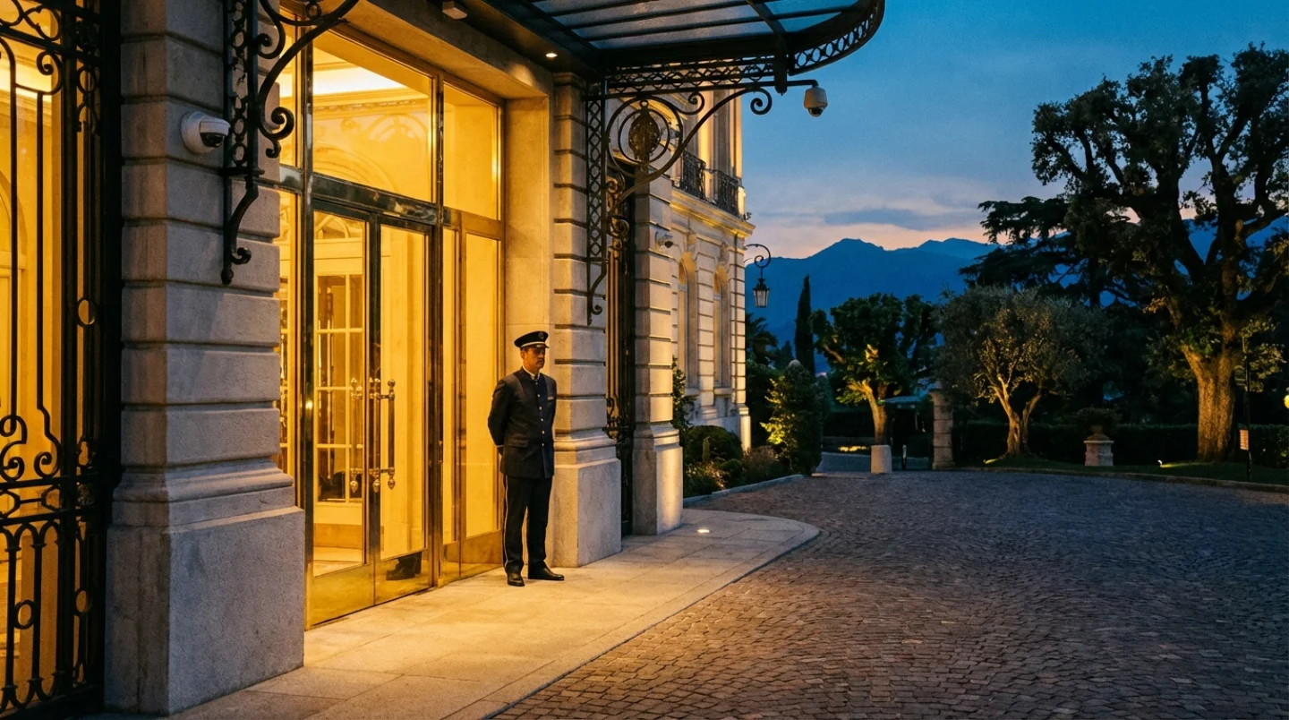 Grande entrada de hotel de luxo ao crepúsculo com luz aconchegante e portas elegantes