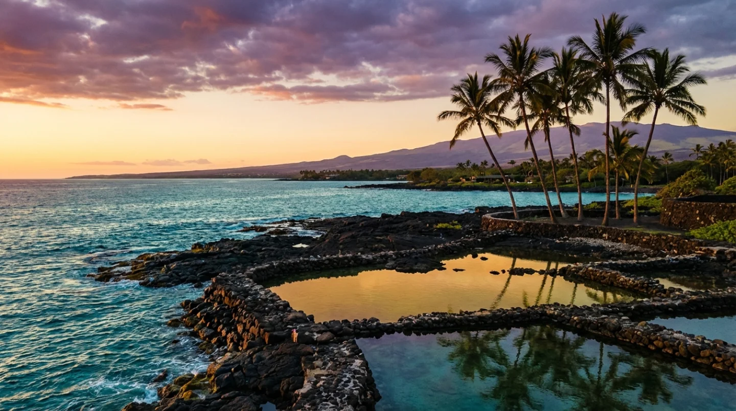 Prachtige zonsondergang aan Hawaii's Kohala Coast met vulkanisch landschap en turquoise oceaan