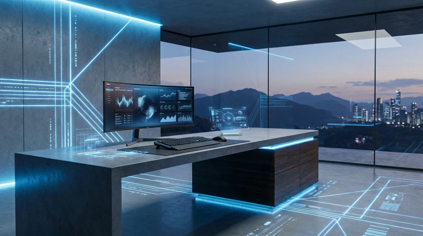 Strakke moderne werkruimte waar de fysieke en digitale wereld samensmelten