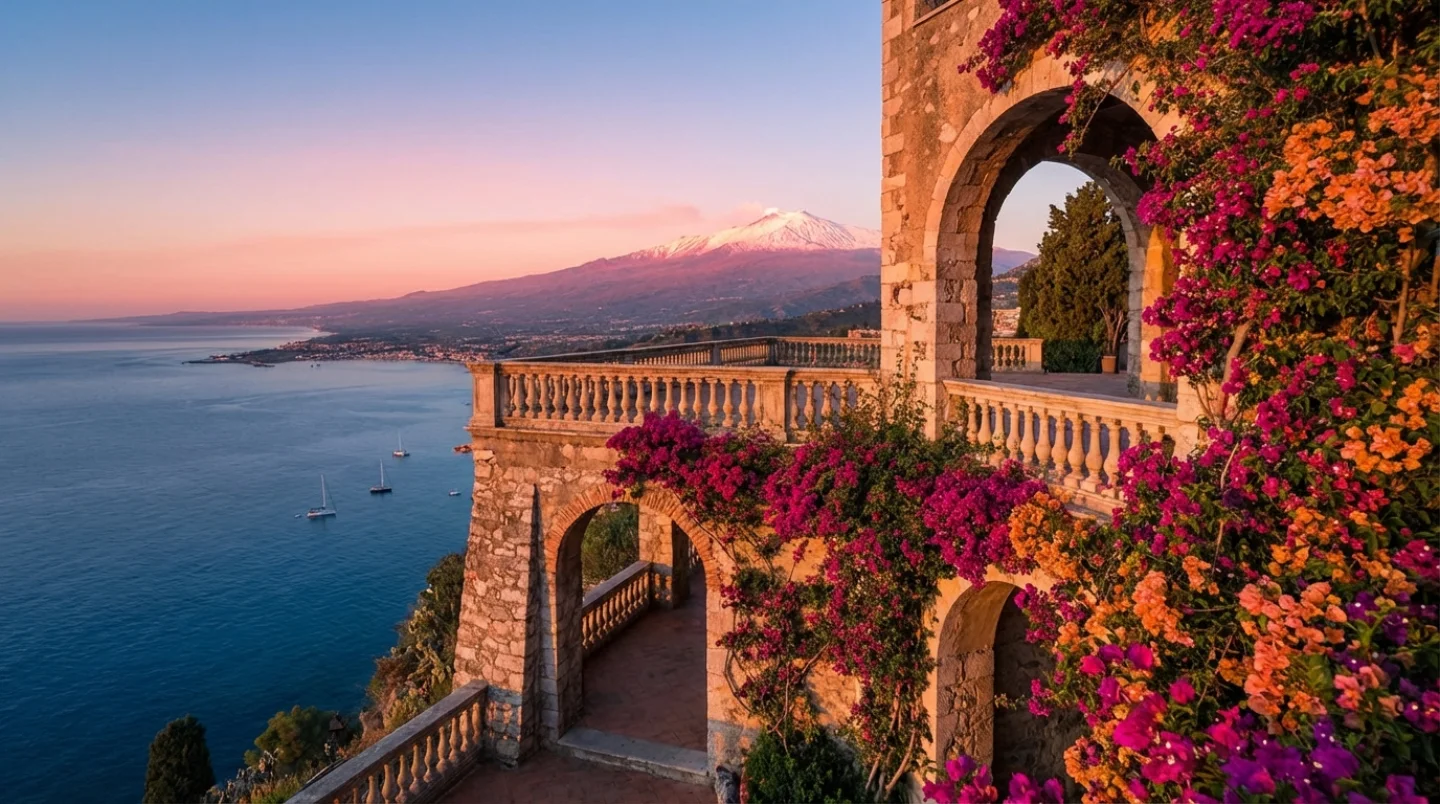 Adembenemend uitzicht vanuit Taormina op de klif met de Etna en de Ionische Zee