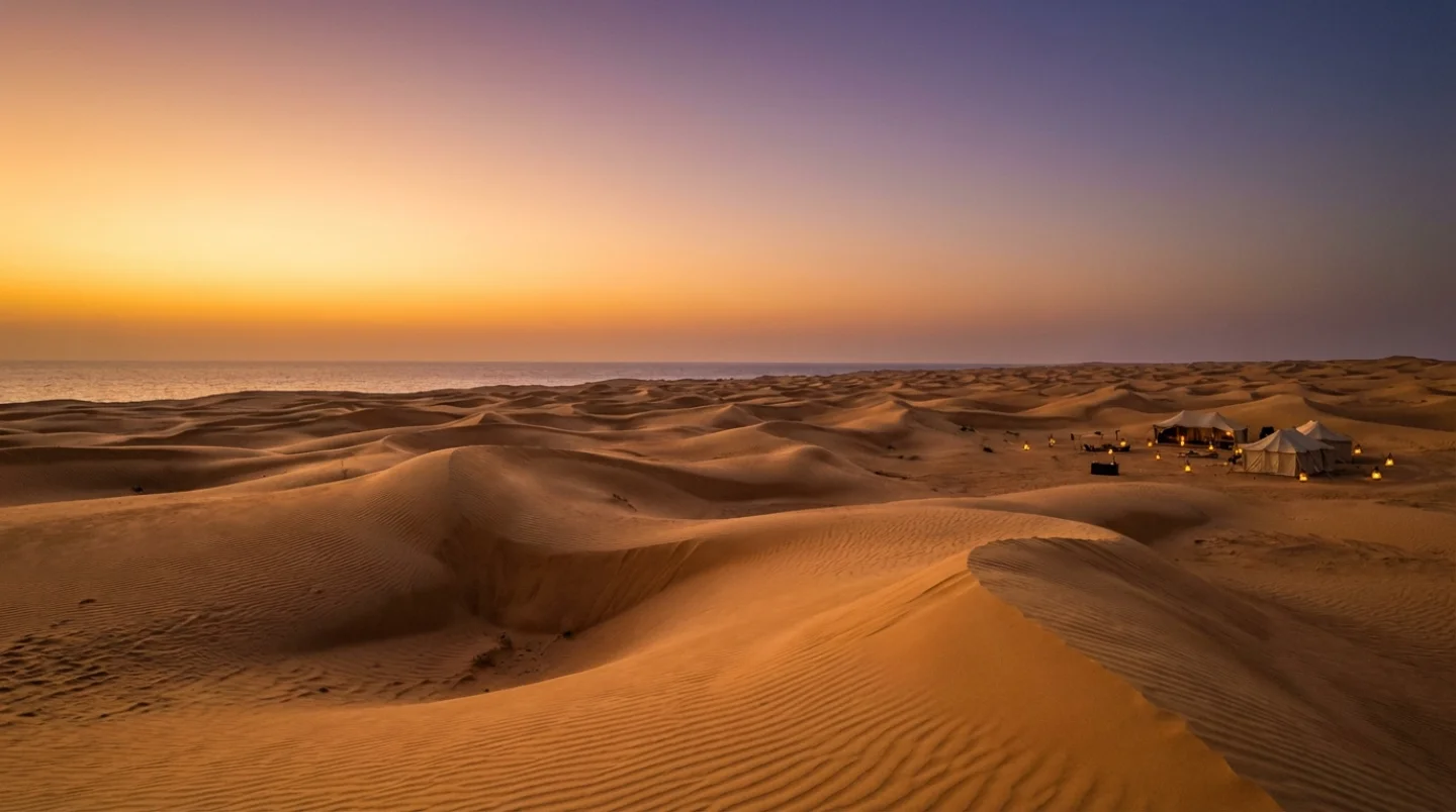 Betoverend woestijnlandschap aan de Rode Zeekust met gouden zandduinen in de schemering