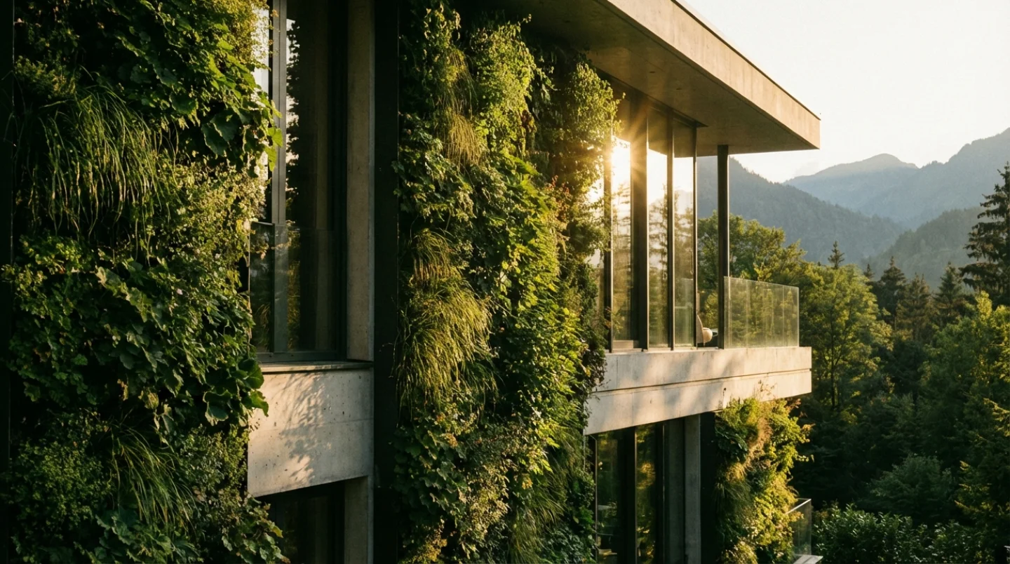 Modern gebouwgevel met verticale groene tuinen en levende wanden