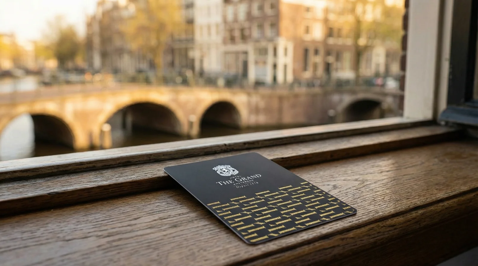 The Grand Amsterdam recycled PVC key card with metallic gold design on wooden windowsill overlooking Amsterdam canal and bridge