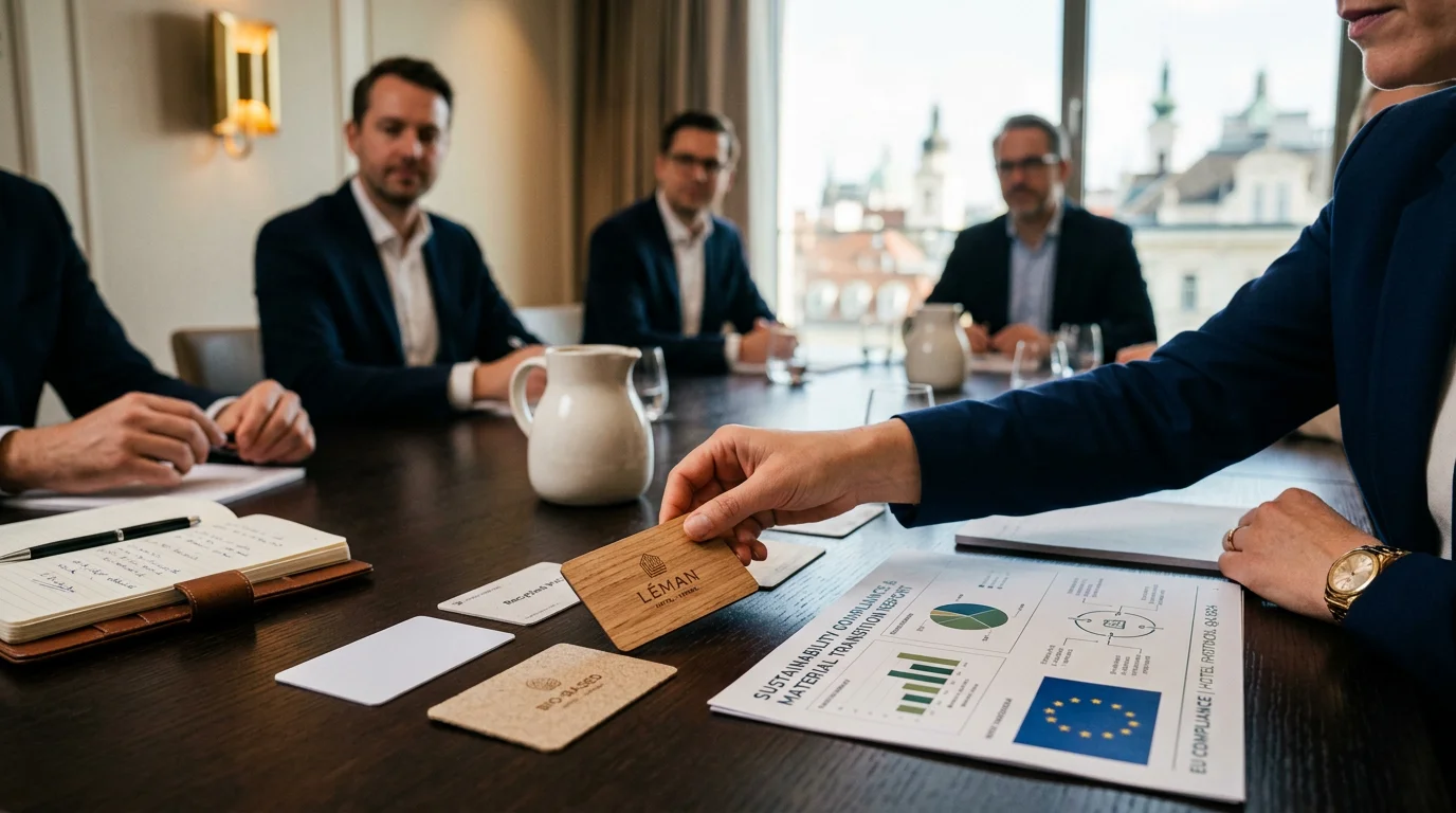Hotel executives examining sustainable wooden key card at procurement meeting with EU compliance documents on conference table