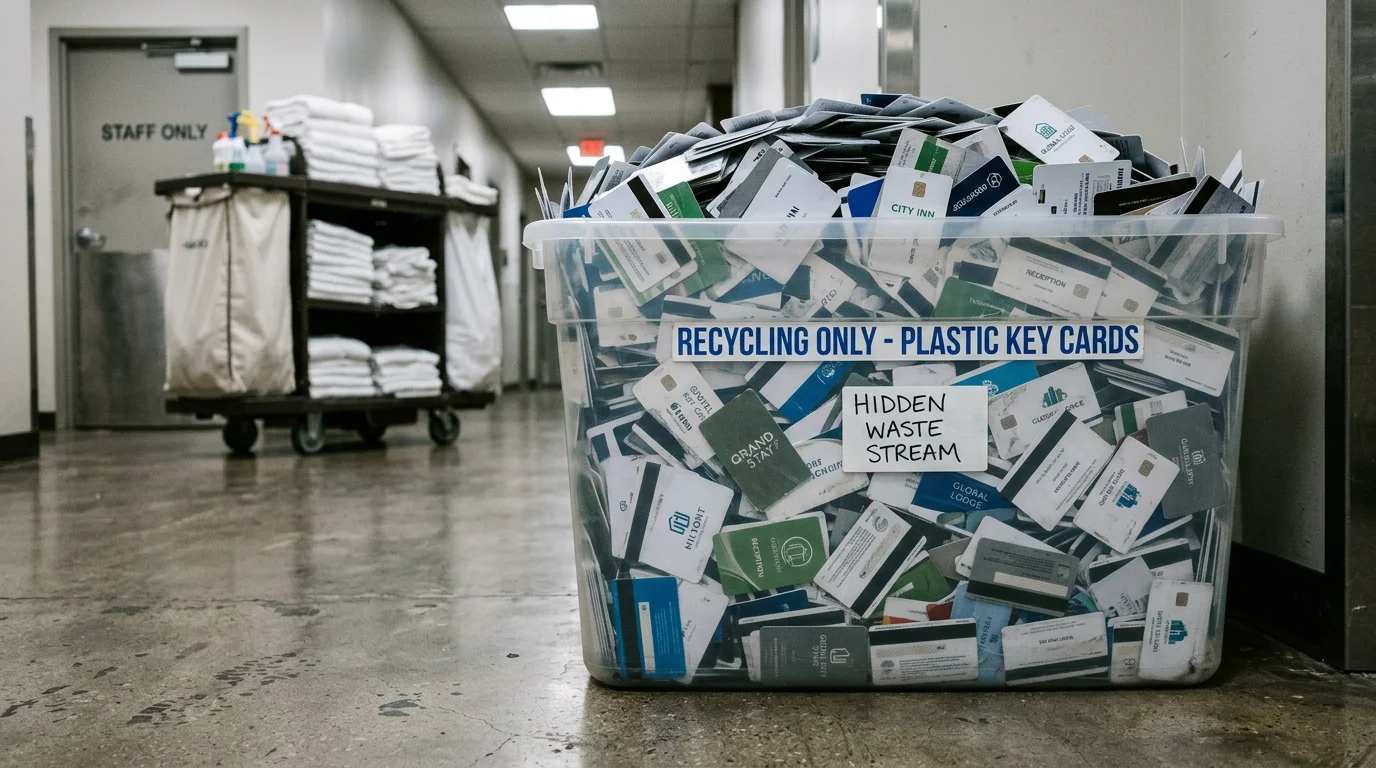 Overflowing recycling bin full of discarded plastic hotel key cards in a hotel back-of-house corridor