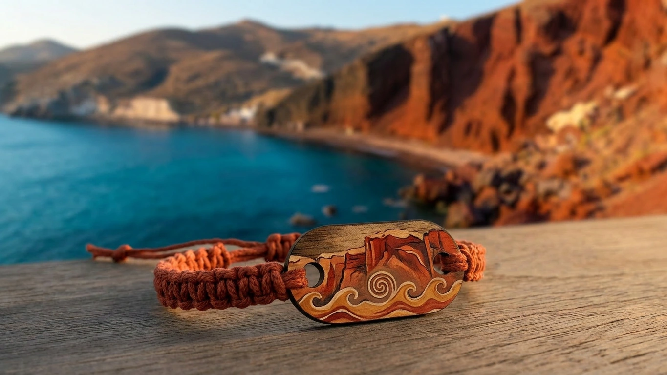 Akrotiri red cliff RFID wristband by PrintPlast with the volcanic Red Beach of Santorini behind — Santorini Collection