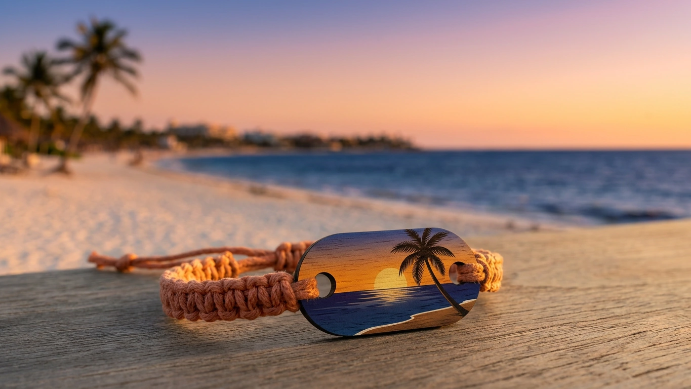 Tulum beach sunset wooden RFID wristband by PrintPlast with a soft amber Caribbean sunset behind — Tulum Collection for honeymoon resorts