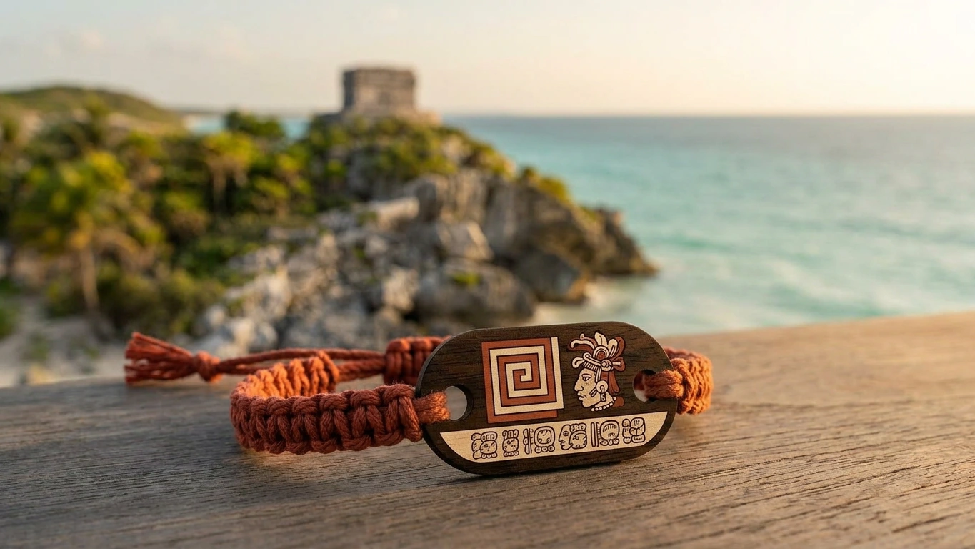 Mayan codex wooden RFID wristband by PrintPlast with the Tulum archaeological ruins in the background — Tulum Collection