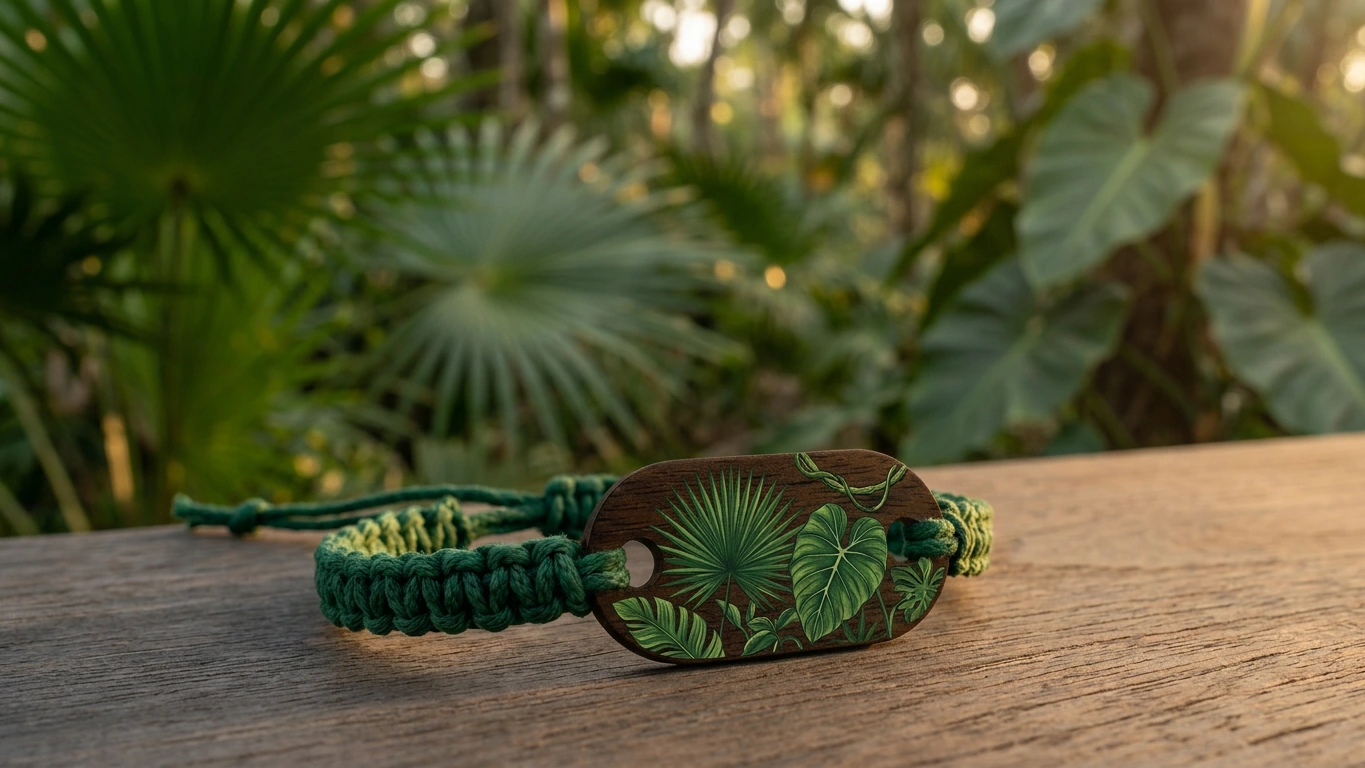 Selva palm wooden RFID wristband by PrintPlast with a softly blurred Tulum jungle canopy behind — Tulum Collection for jungle resorts