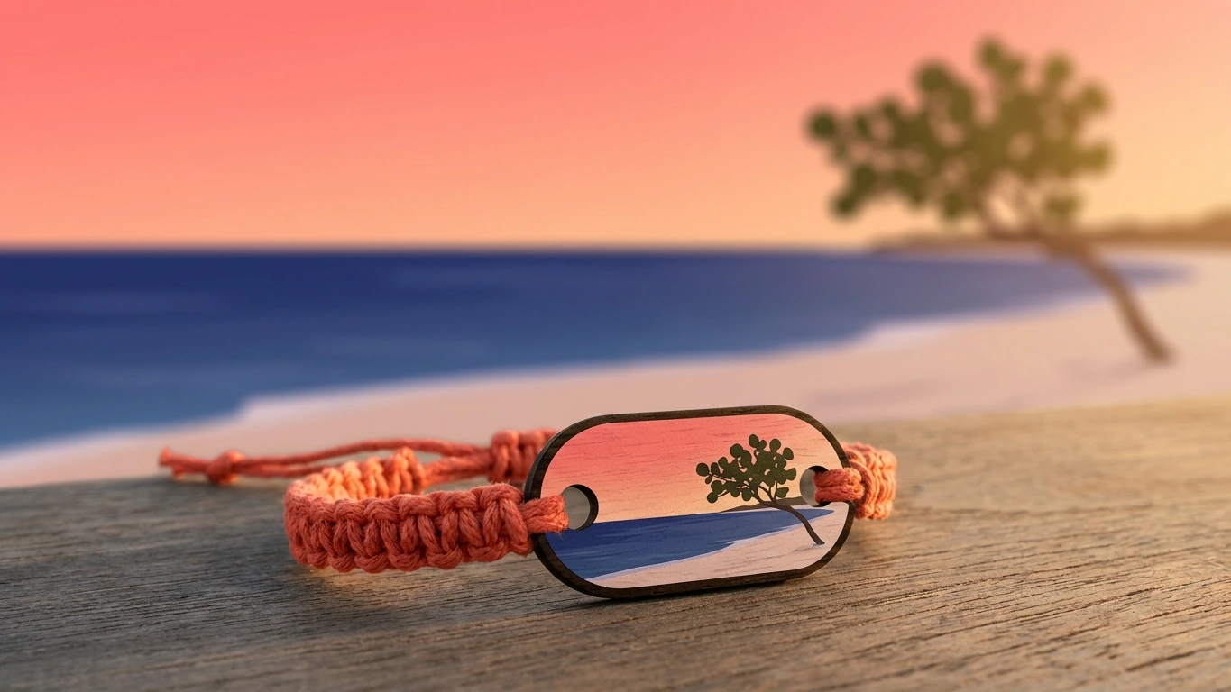 Anguilla sunset wooden RFID wristband by PrintPlast in warm coral and Caribbean indigo — Anguilla Collection for honeymoon resorts