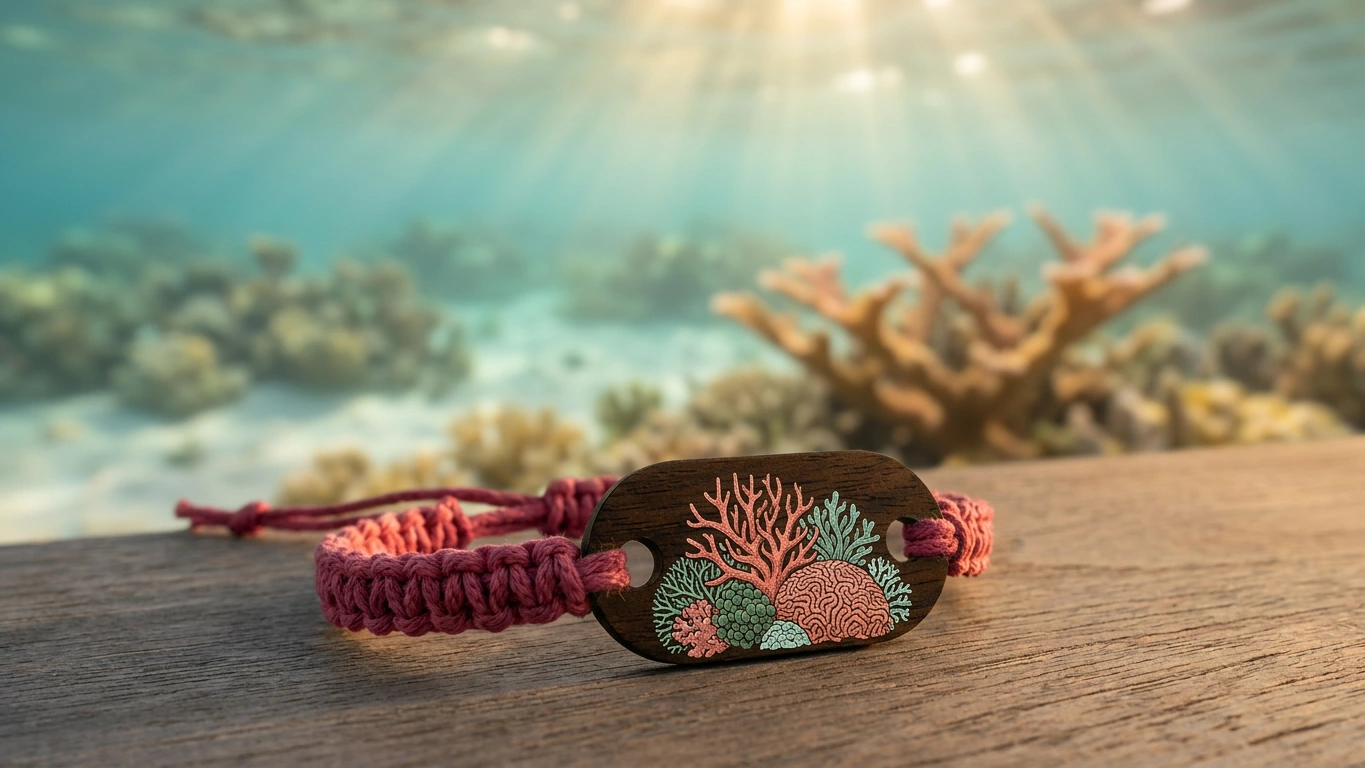 Coral reef pink wooden RFID wristband by PrintPlast with reef coral and tropical fish behind — Anguilla Collection for diving and snorkel-led properties