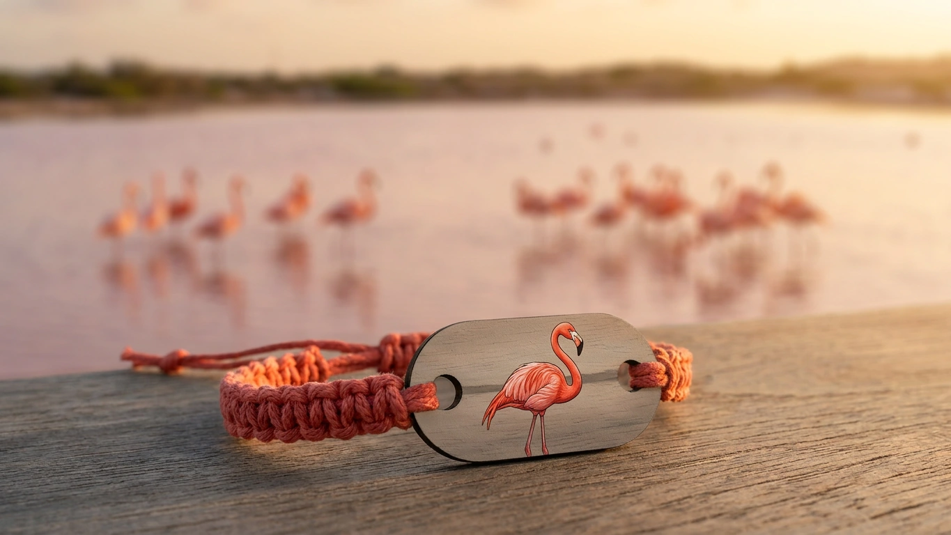 Salt pond flamingo wooden RFID wristband by PrintPlast with the inland salt-pond flamingo flock behind — Anguilla Collection for wildlife properties