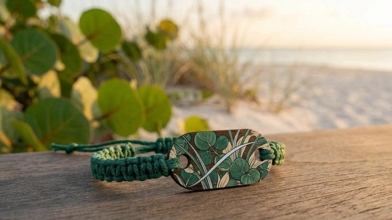 Sea grape botanical wooden RFID wristband by PrintPlast with sea-grape leaves and dune behind — Anguilla Collection for beachfront villas