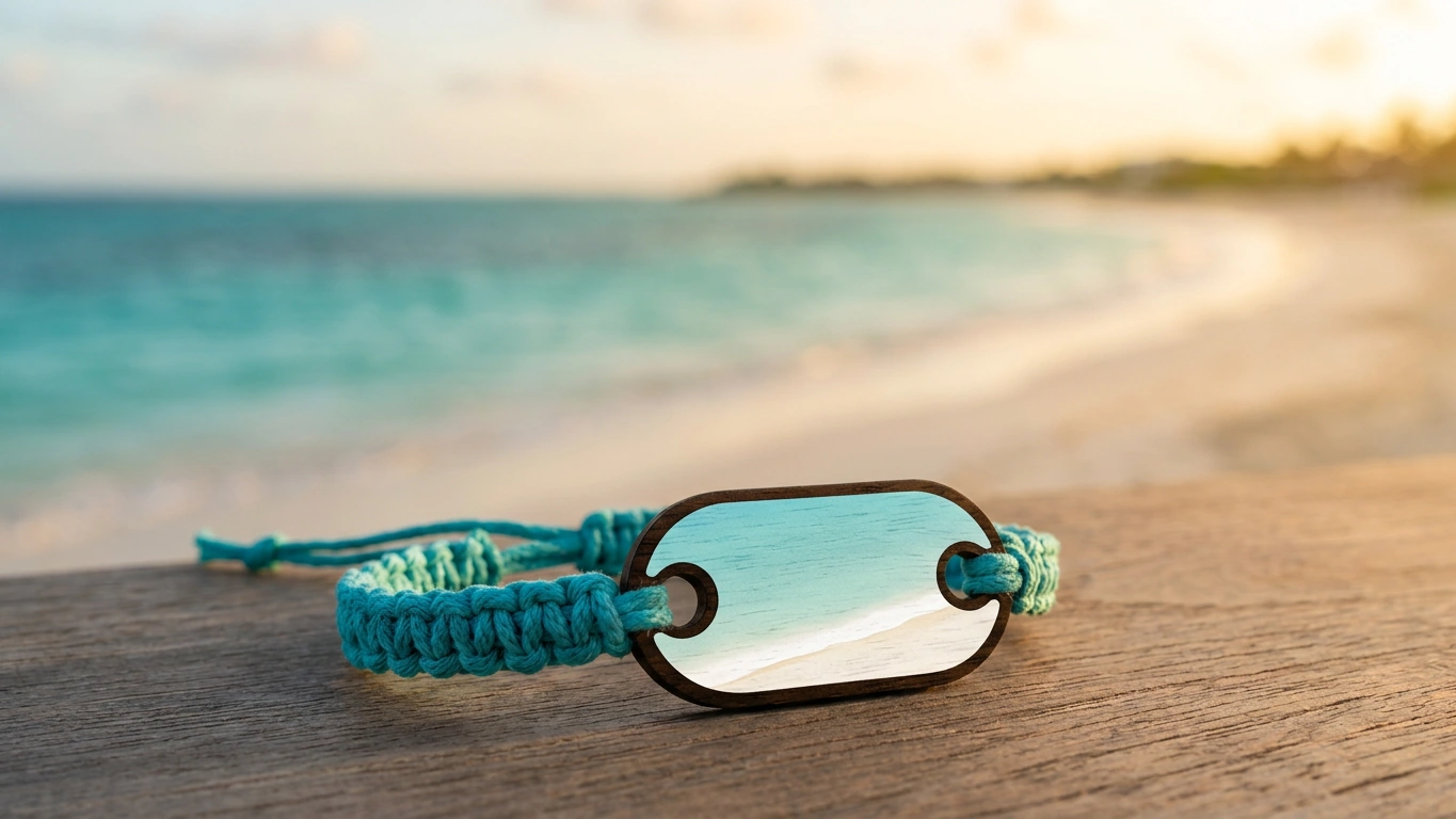 Shoal Bay turquoise wooden RFID wristband by PrintPlast on a white-sand Anguilla beach with reef water behind — Anguilla Collection for hotels