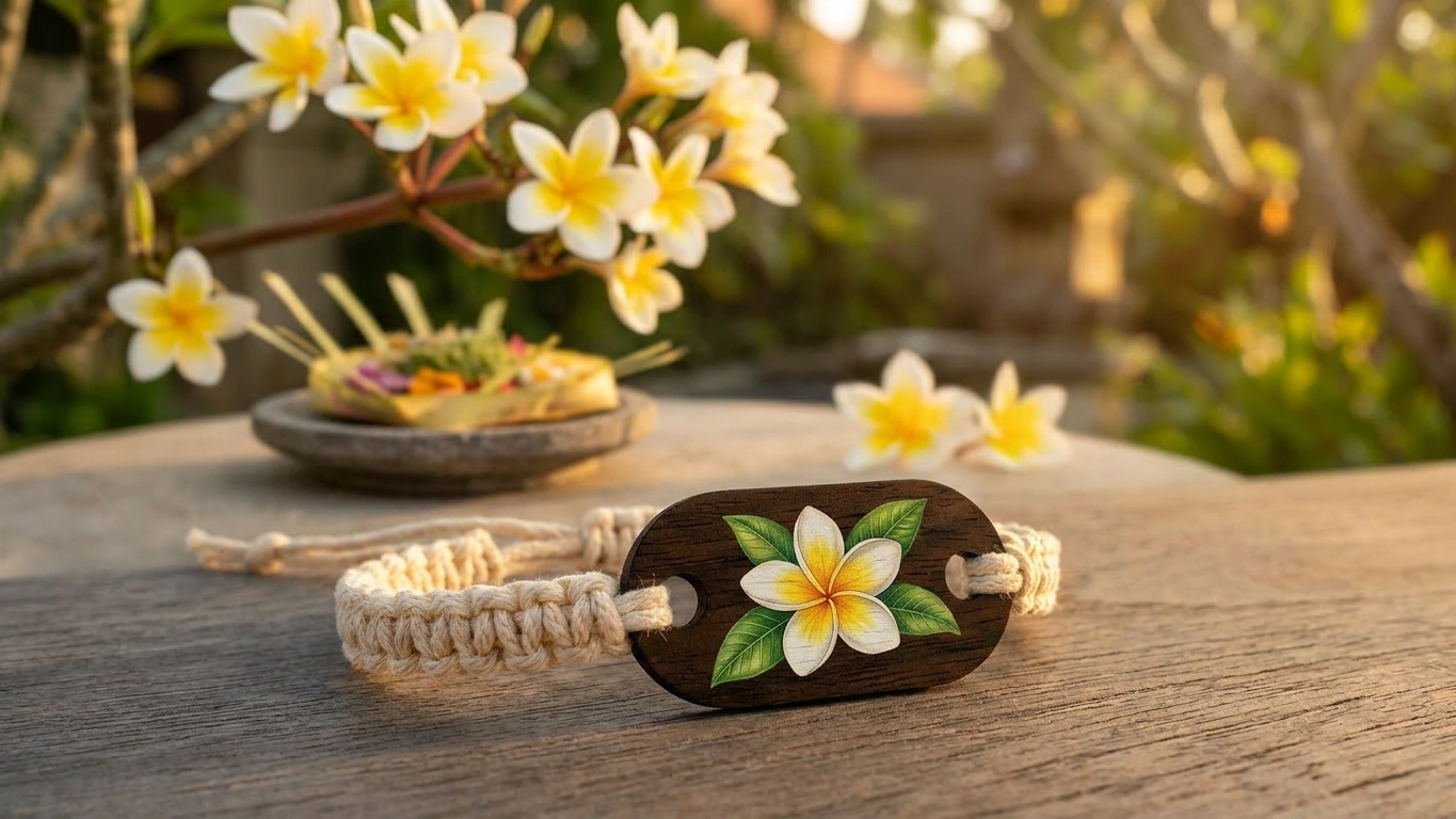 Frangipani plumeria wooden RFID wristband by PrintPlast with white-and-yellow plumeria blossoms behind — Bali Collection for spa and wellness retreats