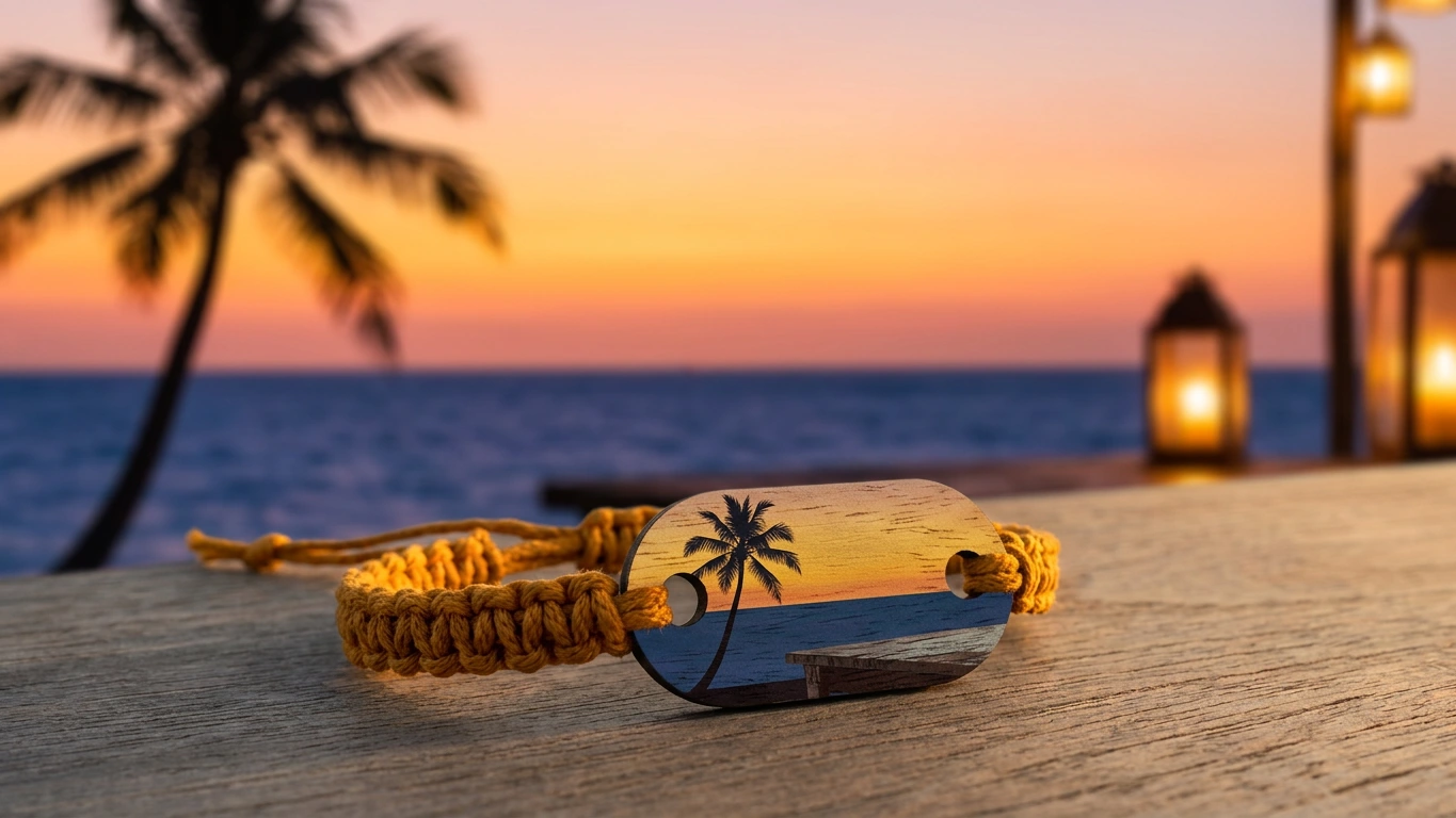 Jimbaran sunset wooden RFID wristband by PrintPlast in warm gold and Indian-Ocean indigo — Bali Collection for honeymoon resorts