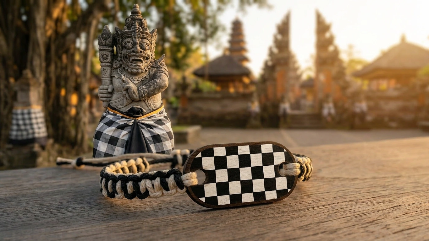 Pura temple Poleng wooden RFID wristband by PrintPlast with carved stone temple guardian behind — Bali Collection for design-led properties