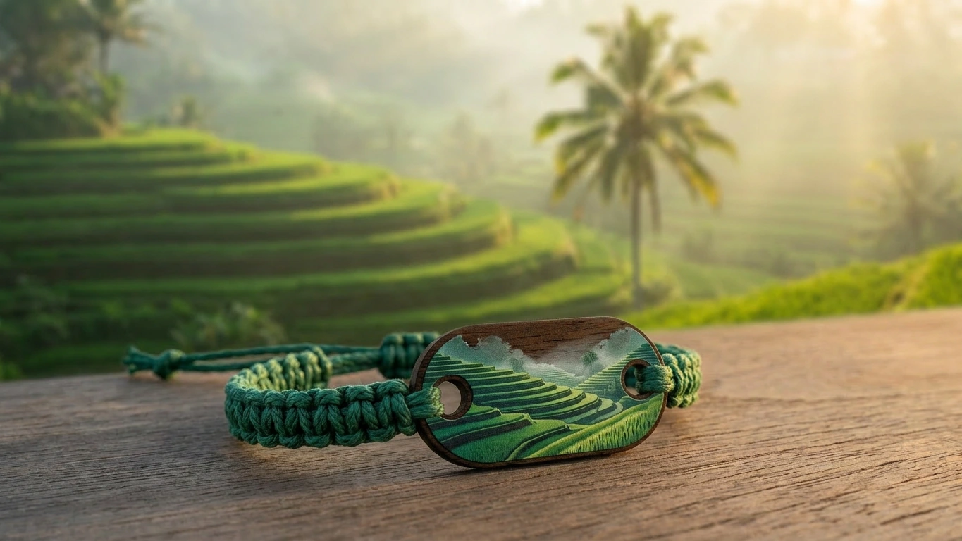 Ubud rice terrace wooden RFID wristband by PrintPlast on a jungle-villa ledge with terraced sawah behind — Bali Collection for hotels