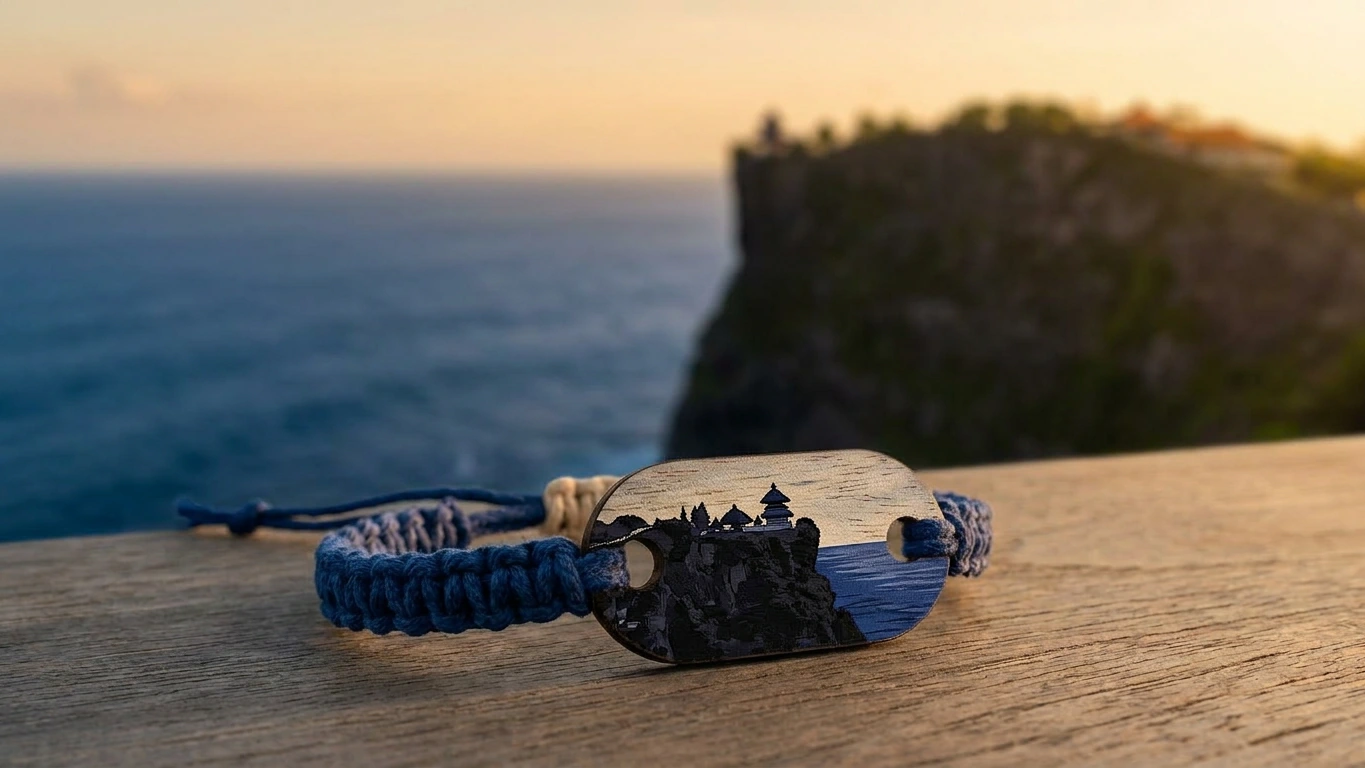 Uluwatu cliff wooden RFID wristband by PrintPlast with the cliff-edge temple and Indian Ocean behind — Bali Collection for Bukit Peninsula resorts