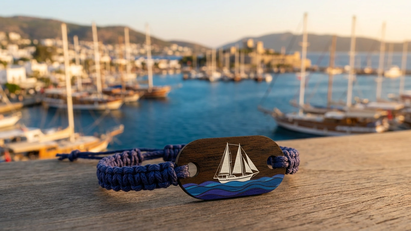 Aegean indigo wooden RFID wristband by PrintPlast with deep-blue Aegean and gulet sail behind — Bodrum Collection for yacht-bay properties