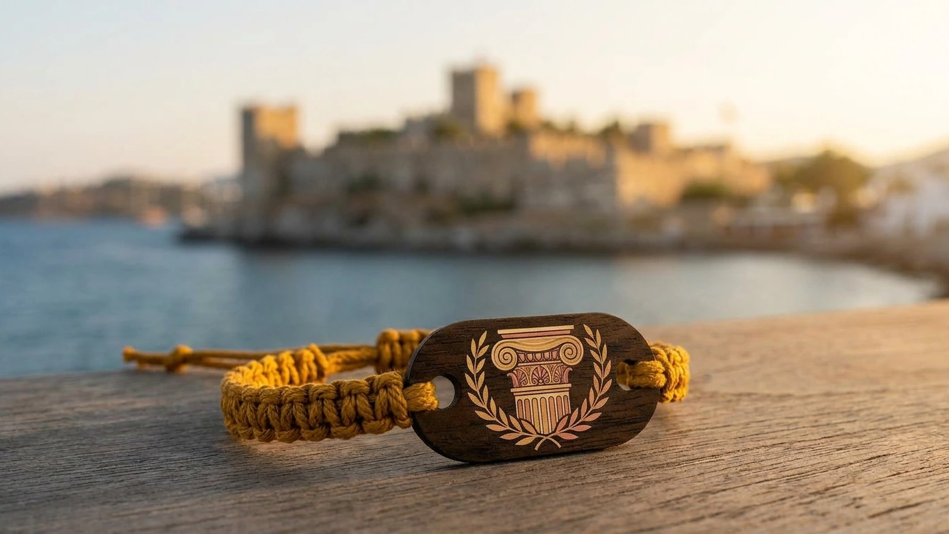 Halicarnassus honey wooden RFID wristband by PrintPlast with the honey-stone Castle of St Peter behind — Bodrum Collection for heritage hotels