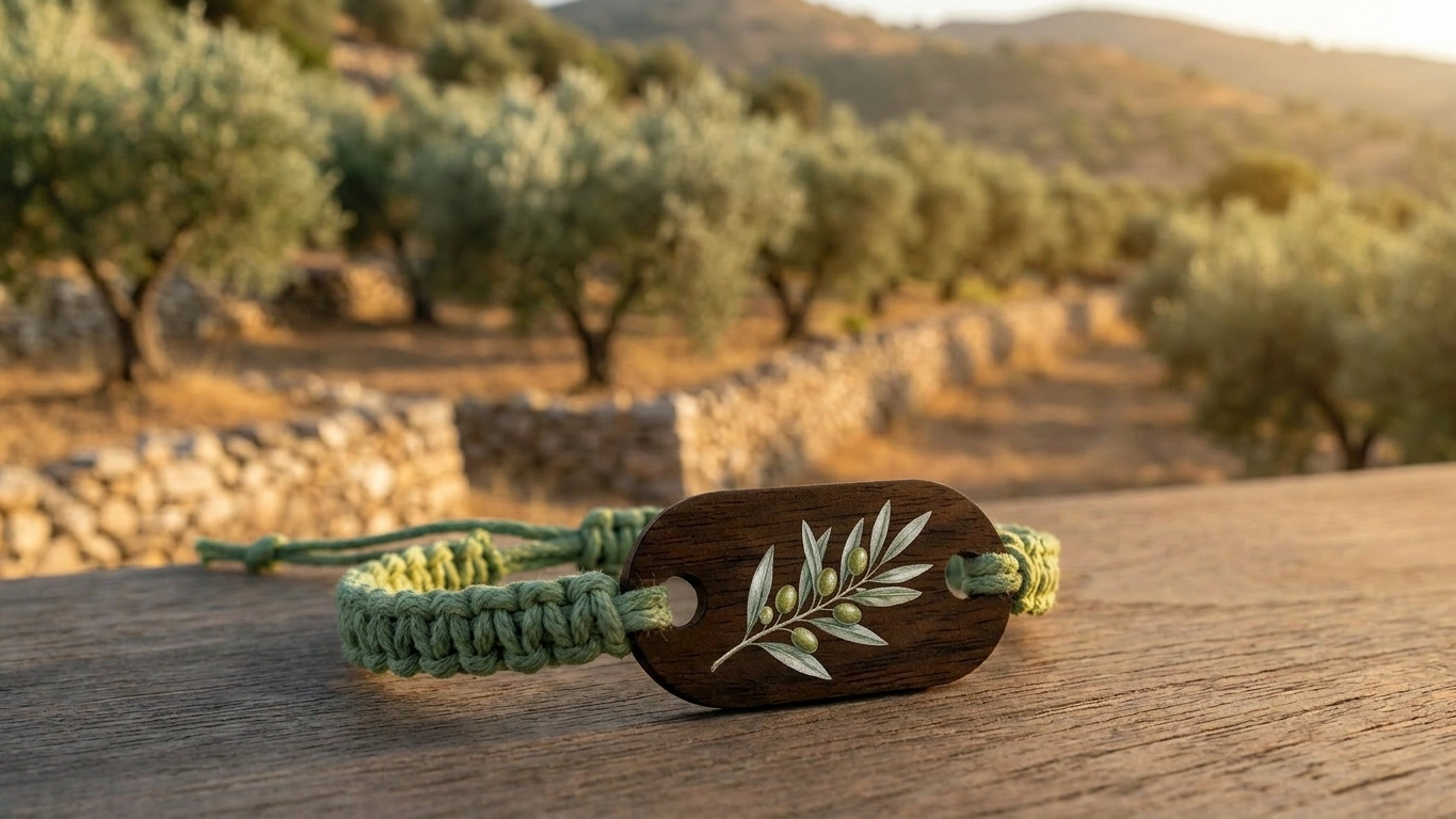 Olive grove wooden RFID wristband by PrintPlast with silver-leaf olive trees and Carian hills behind — Bodrum Collection for inland villas and wellness retreats