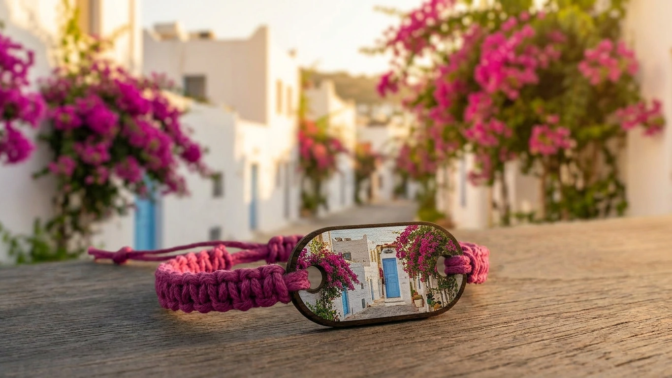 Bodrum white-cube wooden RFID wristband by PrintPlast on a whitewashed Aegean terrace with bougainvillea behind — Bodrum Collection for hotels