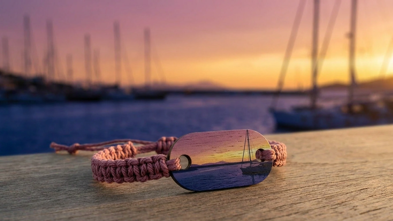 Yalıkavak sunset wooden RFID wristband by PrintPlast in mauve, gold and Aegean indigo — Bodrum Collection for honeymoon and beach-club properties