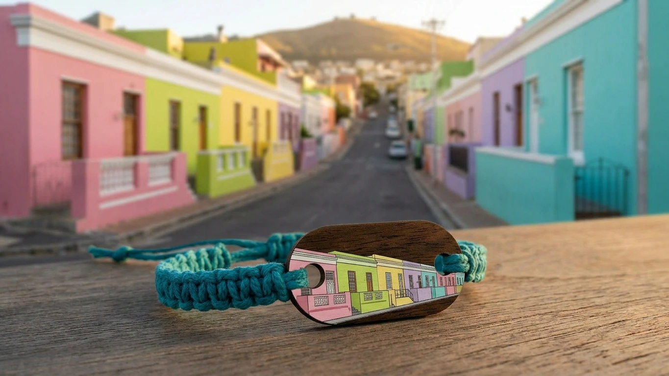 Bo-Kaap pastel wooden RFID wristband by PrintPlast with multi-colour Bo-Kaap terraces behind — Cape Town Collection for heritage and city-centre hotels