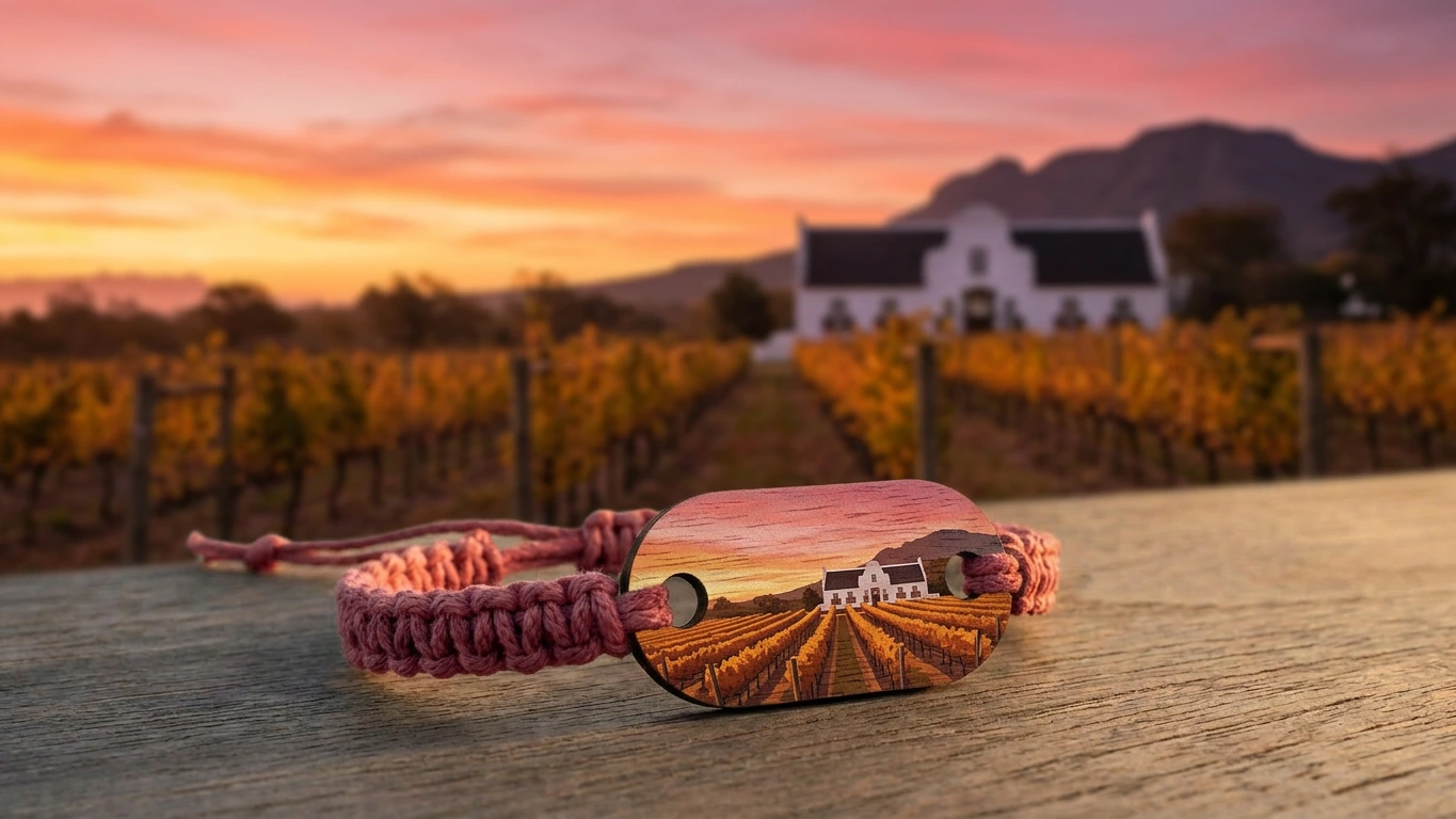 Constantia vineyard sunset wooden RFID wristband by PrintPlast in vineyard rose and amber over Cape Dutch gable — Cape Town Collection for Winelands manor properties