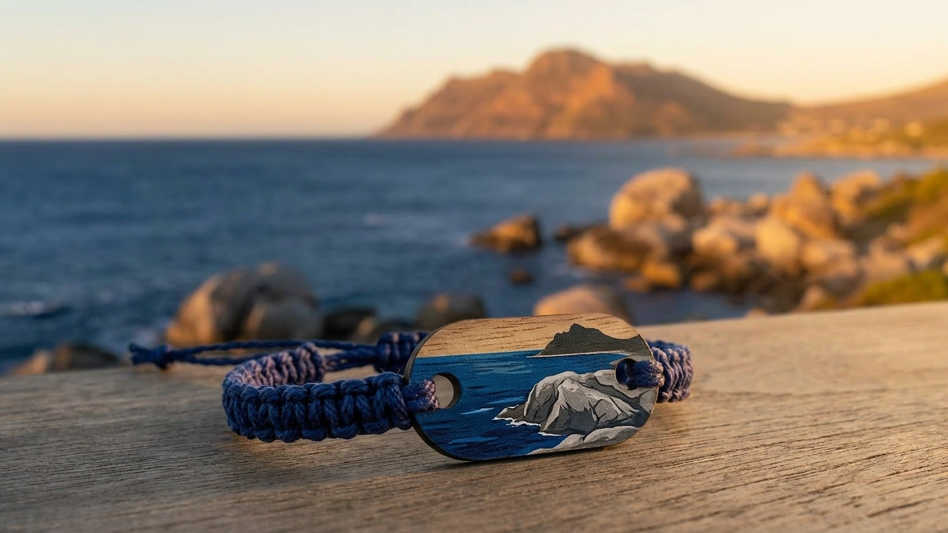 False Bay indigo wooden RFID wristband by PrintPlast with cold-Atlantic indigo water and Cape Point silhouette behind — Cape Town Collection for False Bay hotels