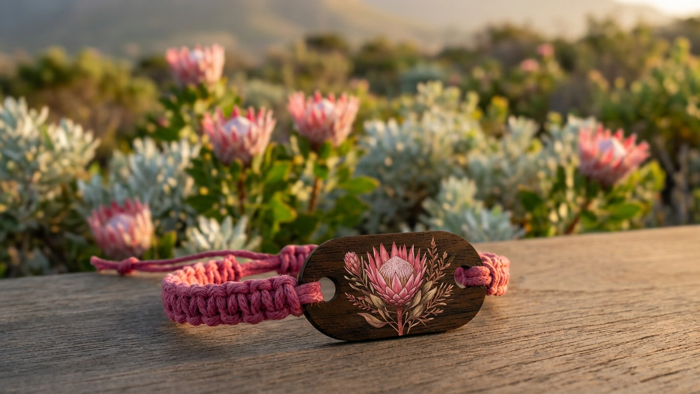 Protea Cape floral wooden RFID wristband by PrintPlast with king protea bloom and fynbos behind — Cape Town Collection for Winelands and fynbos properties